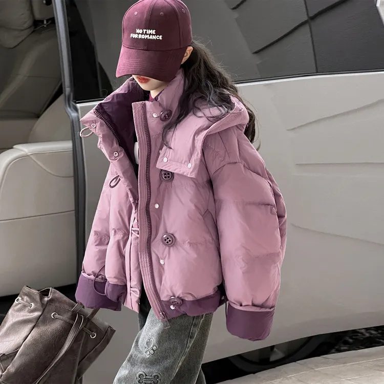 女童洋气撞色拼接紫色棉服外套连帽韩版宽松2025新款中大童面包服