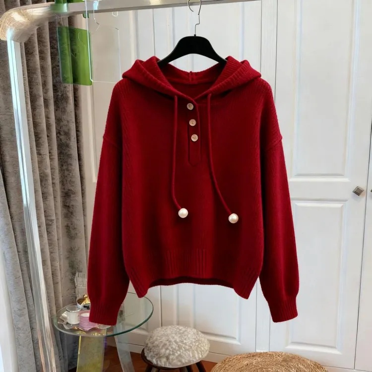 小众别致红色连帽抽绳针织卫衣秋季韩系慵懒风时尚洋气舒适打底衫