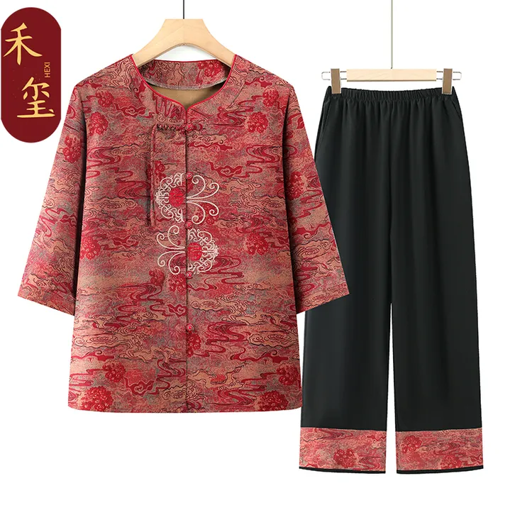 奶奶中式套装夏季新款礼物衣服七分袖上衣60-70老年女装妈妈装