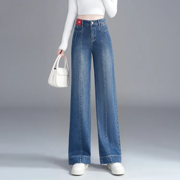 正品2025春秋新款高级感窄版直筒裤女高腰阔腿牛仔裤拼接时尚爆款