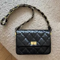 欧美小香风粗链条菱格链条包2025新款黑色牛皮小方包单肩斜挎小包