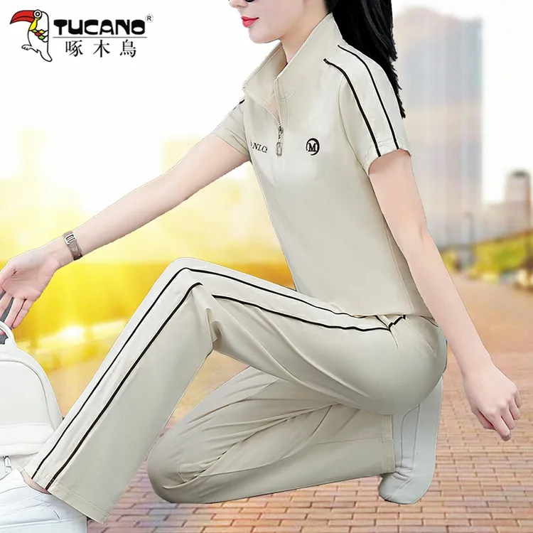 啄木鸟休闲套装夏季薄款女时尚印花短袖长裤妈妈跳舞运动服两件套