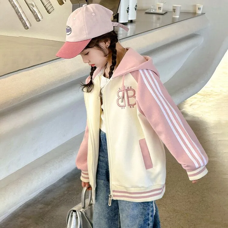 女童外套春秋新款女孩中大童女孩洋气休闲风儿童韩版连帽棒球服潮