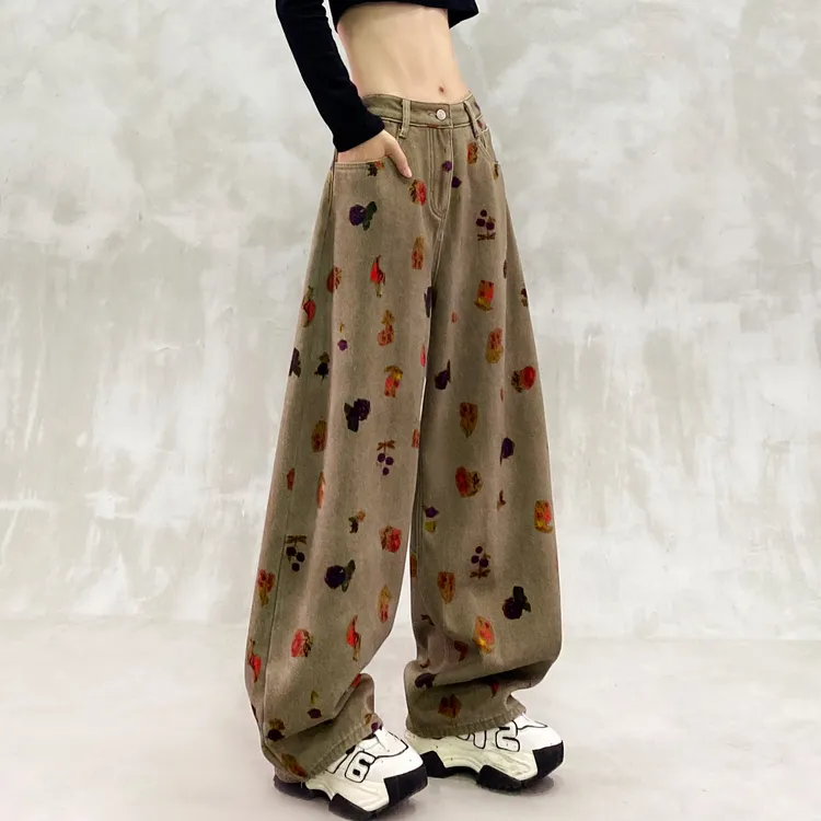 印花设计加绒休闲牛仔弯刀裤女冬新款高腰宽松显瘦百搭直筒香蕉裤