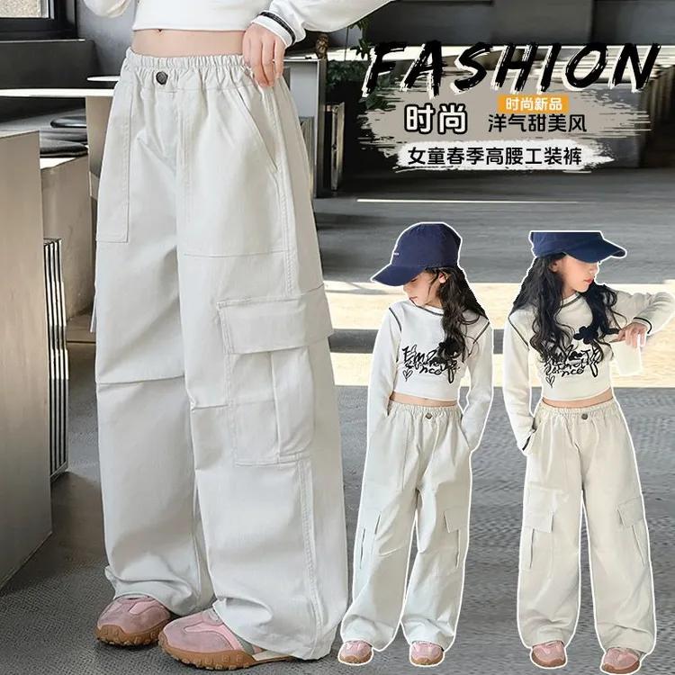 女童白色工装裤2025新款大童女孩炸街酷飒风初中生痞帅街舞阔腿裤