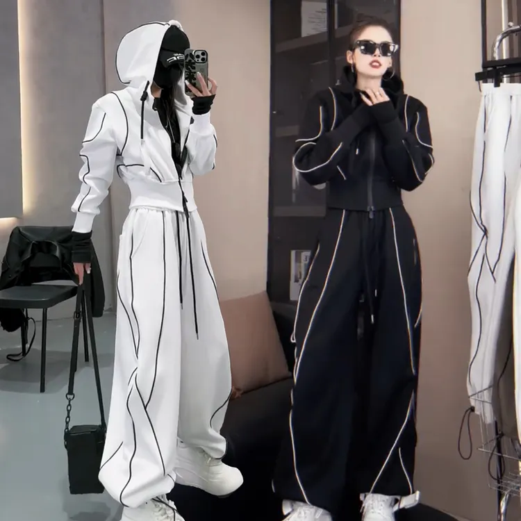 欧货2025春秋爆款酷飒运动服套装女撞色条收腰连帽卫衣外套阔腿裤