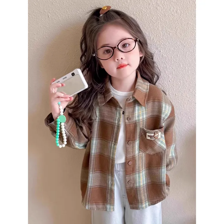 女童秋装格子衬衫2025新款洋气时髦儿童衬衣春秋款女宝宝早秋外套