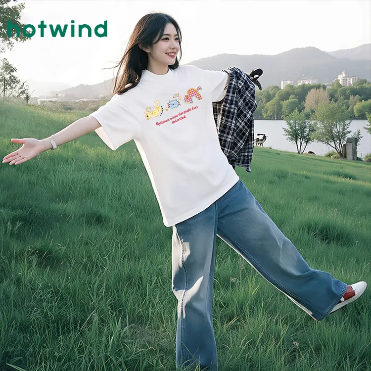 Hotwind/热风白色t恤女夏季2025新款宽松纯棉短袖ins韩系女装上衣