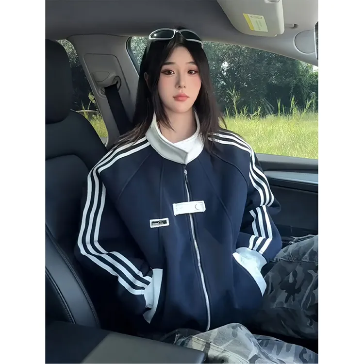 美式拼接运动卫衣男女秋冬季新款潮牌休闲外套高街立领条纹棒球服