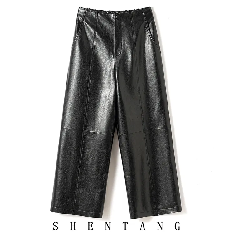 2511水晶翡翠油蜡真皮皮裤女羊皮秋冬新款真皮长裤显瘦宽松阔腿裤