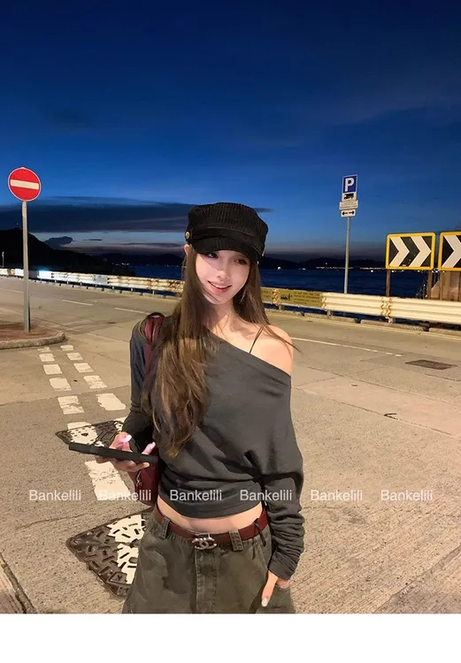 板栗可可Bankelili自留！舒适不费多种穿法船领收腰上衣