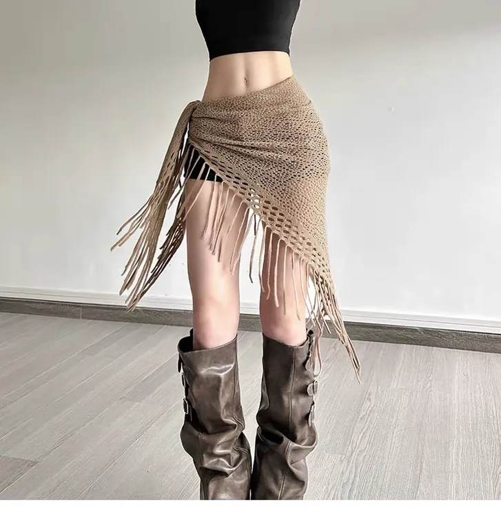 怪诞女孩 波西米亚风情流苏针织三角巾金属钱币腰链跳舞配饰屁帘