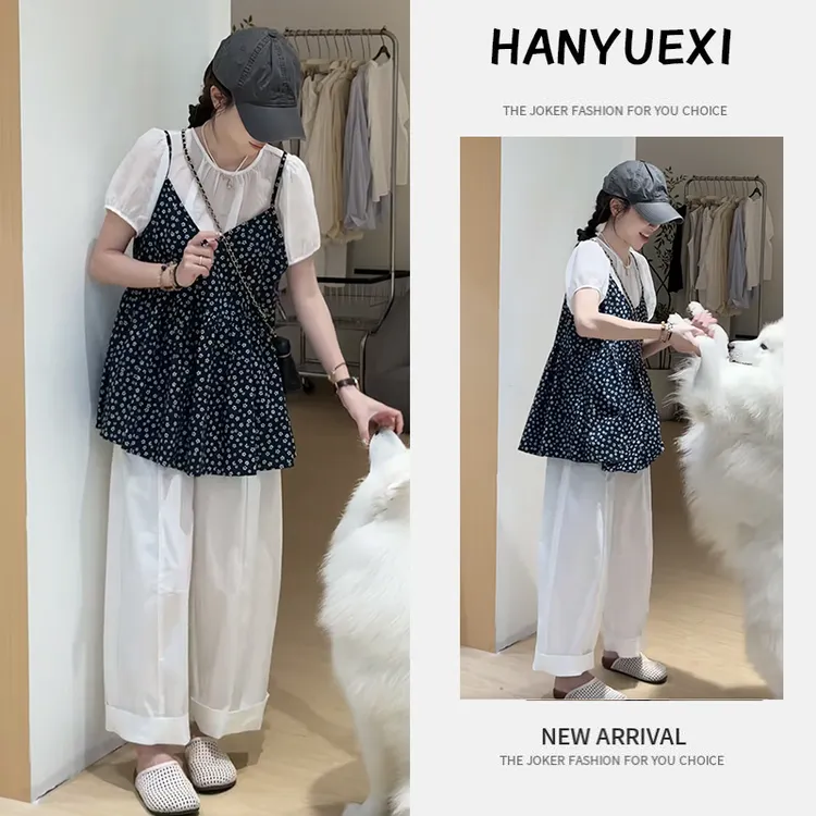 夏季洋气一整套女装2025新款韩系衬衫碎花吊带上衣休闲裤三件套潮