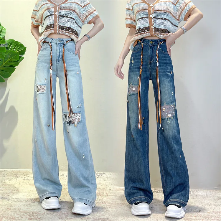 迪否蕾丝破洞窄版直筒牛仔裤女夏薄款2025新款高腰宽松阔腿裤6075