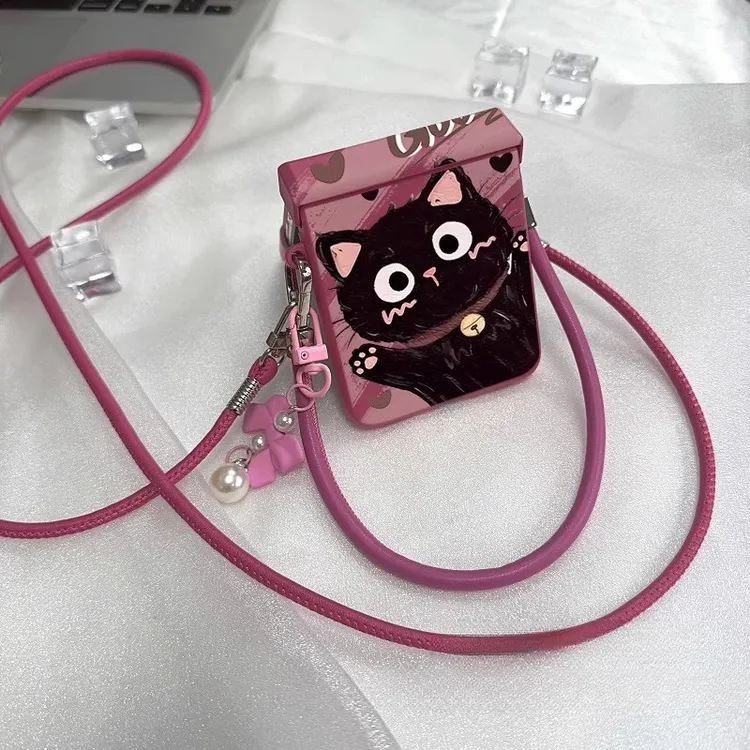 适用华为pocket2手机壳折叠屏P50Pocket玫粉渐变肤感黑猫女保护套