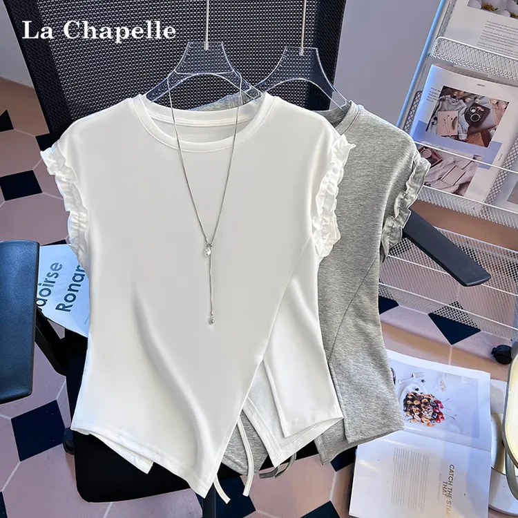 拉夏贝尔设计感木耳边圆领短袖女t恤2025新款夏季不规则露背上衣