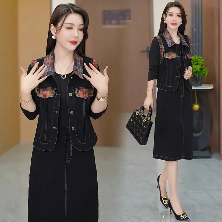 时尚牛仔套装裙女2025秋季新款洋气显瘦拼接马甲连衣裙减龄两件套