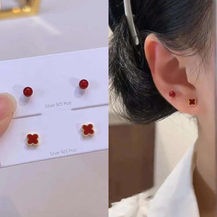 铜合金耳饰 迷你红色经典四叶花简约豆豆耳钉女小众高级感耳饰品