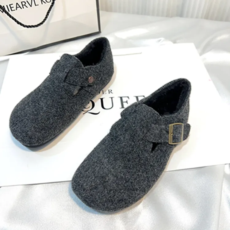 法式勃肯鞋女极简风潮流风复古港风棉鞋纯色单鞋休闲风秋冬毛毛鞋