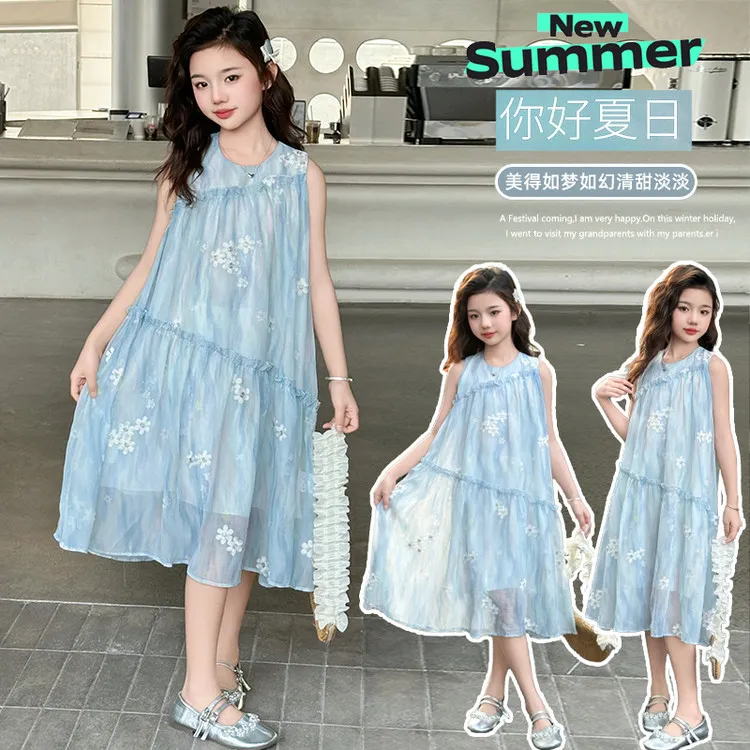 女童连衣裙夏季薄款中大童背心裙女孩裙子洋气夏天度假无袖雪纺裙
