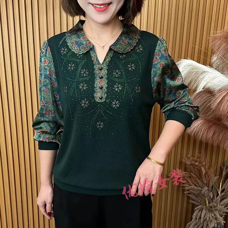 妈妈春秋中老年春节喜庆穿搭本命年拼接烫钻洋气妈妈装长袖上衣