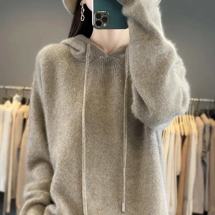 简约慵懒新款女士羊毛针织衫连帽宽松秋冬季休闲时尚加厚百搭毛衣