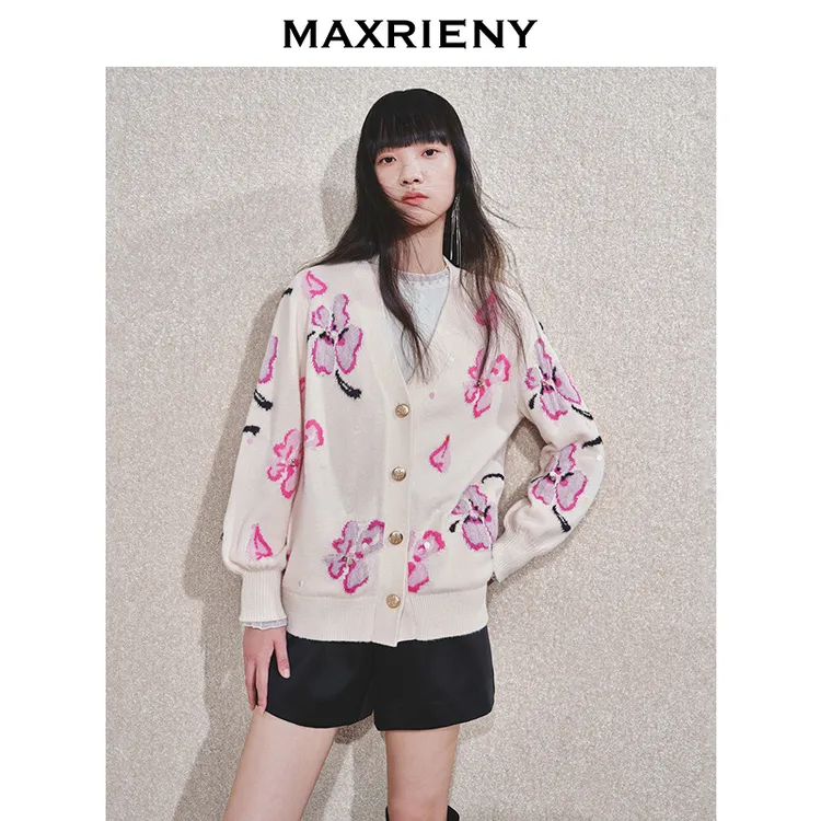 【商场同款】MAXRIENY甜美钉珠开衫毛衣外套印花提花宽松重工