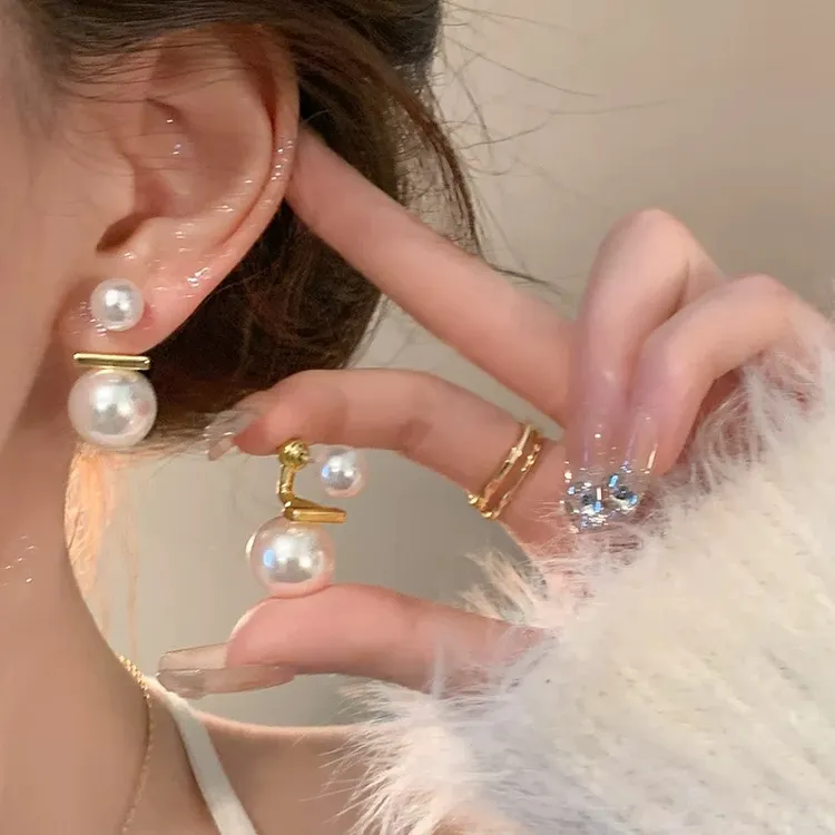 铜合金耳饰 耳饰两戴式~法式珍珠耳环女新款小众百搭耳钉耳饰女