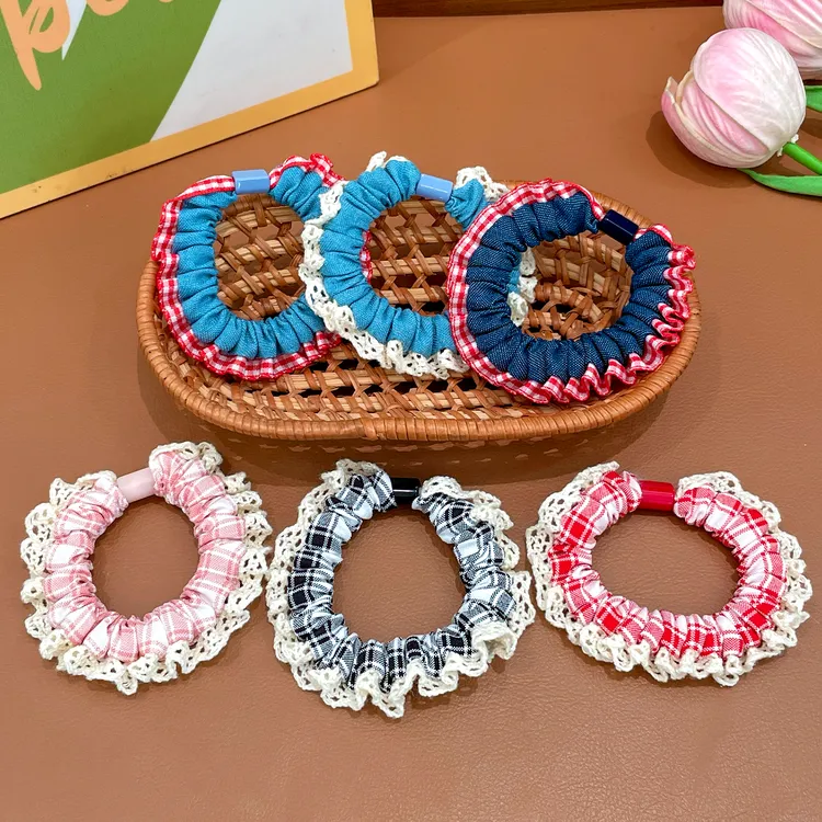 儿童新款甜美蕾花边牛仔发圈时尚百搭少女发绳高颜值百搭马尾发饰