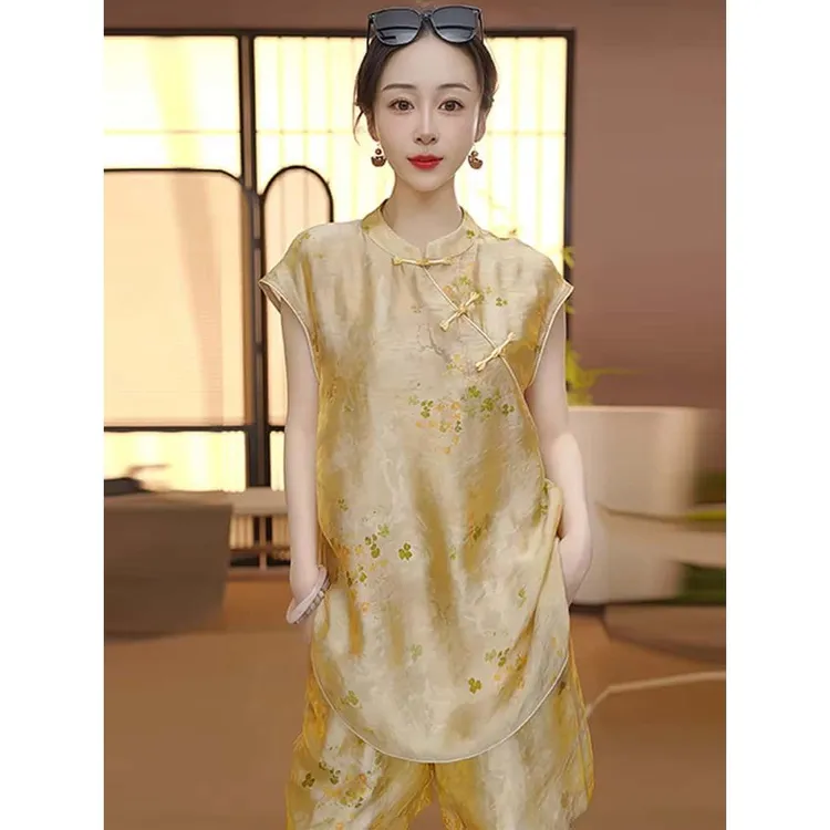 轻奢新中式气质套装女提花短袖上衣盘扣国风衬衫短裤两件套套装