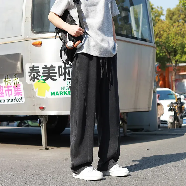 男生慵懒风重磅卫裤男直筒男裤抽绳飘带阔腿弯刀裤宽松水洗运动裤