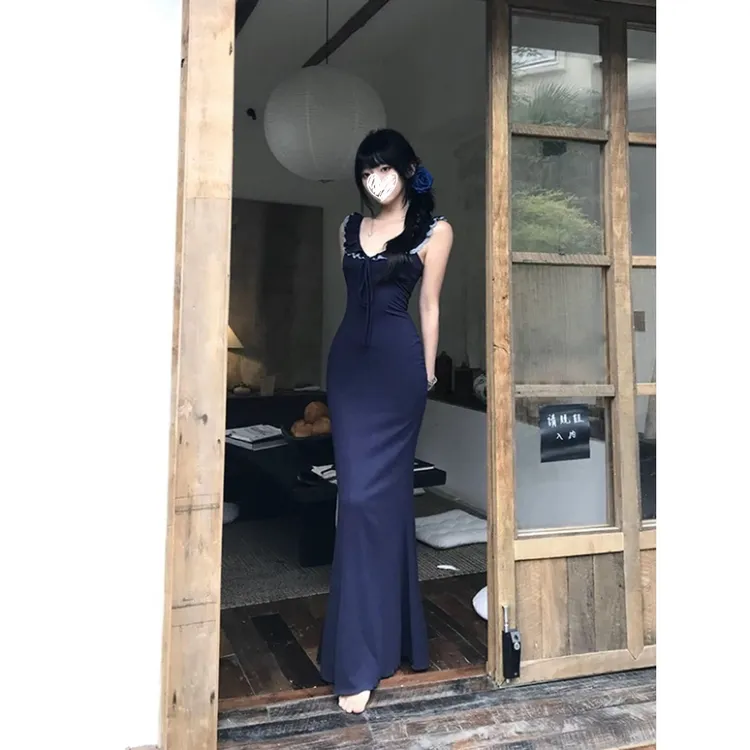 女夏季辣妹清冷感连衣裙边包臀长裙深V蕾丝鱼尾吊带裙