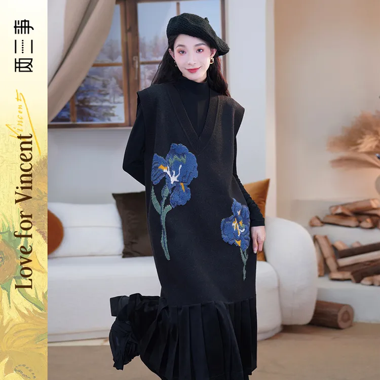 梵高文艺鸢尾遐想 冬款花卉图案压褶拼接背心裙连衣裙