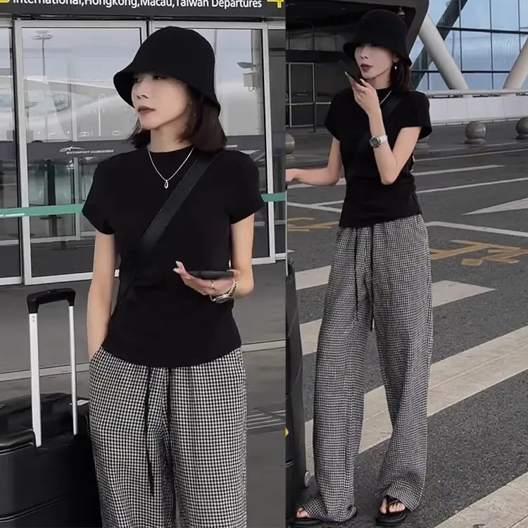 时尚休闲套装女2025夏季新款洋气显瘦短袖T恤上衣格子阔腿裤套装