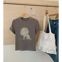3725韩版新款百搭休闲宽松圆领简约设计感韩系卡通印花短袖上衣