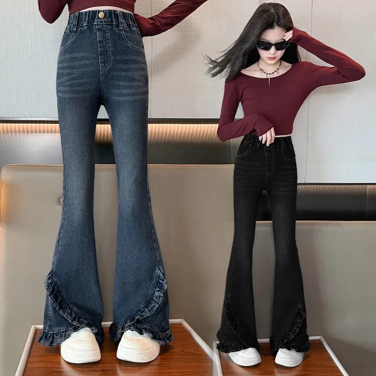 冬款加绒儿童微喇秋冬款牛仔裤中大童修身小孩牛仔裤女童加绒裤子