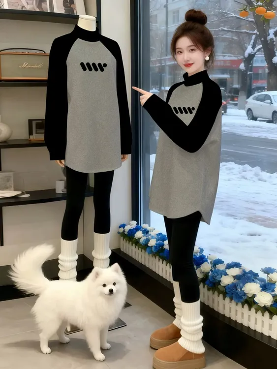 黑色衣服内搭长袖女士T恤加厚开叉打底衫高领德绒加绒中长款保暖