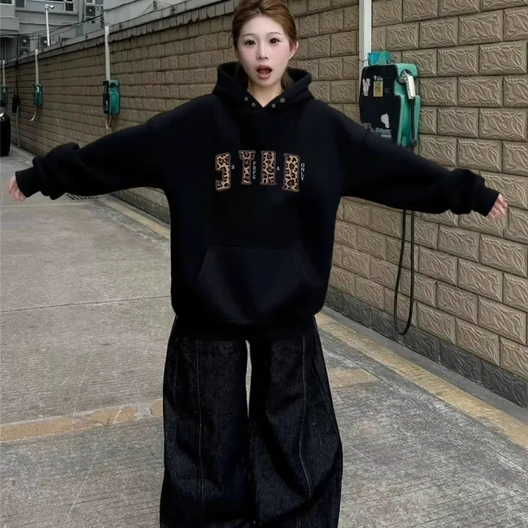 纯棉美式豹纹字母连帽卫衣女2025新款秋冬加绒加厚慵懒风宽松外套