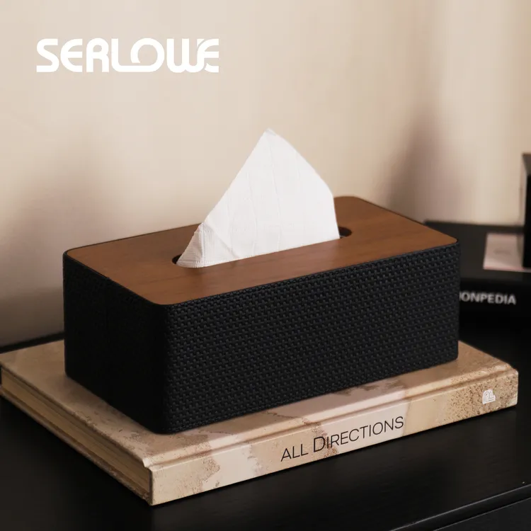 高级感胡桃木抽纸盒家用客厅现代民宿中古编织皮革纸巾盒收纳摆件