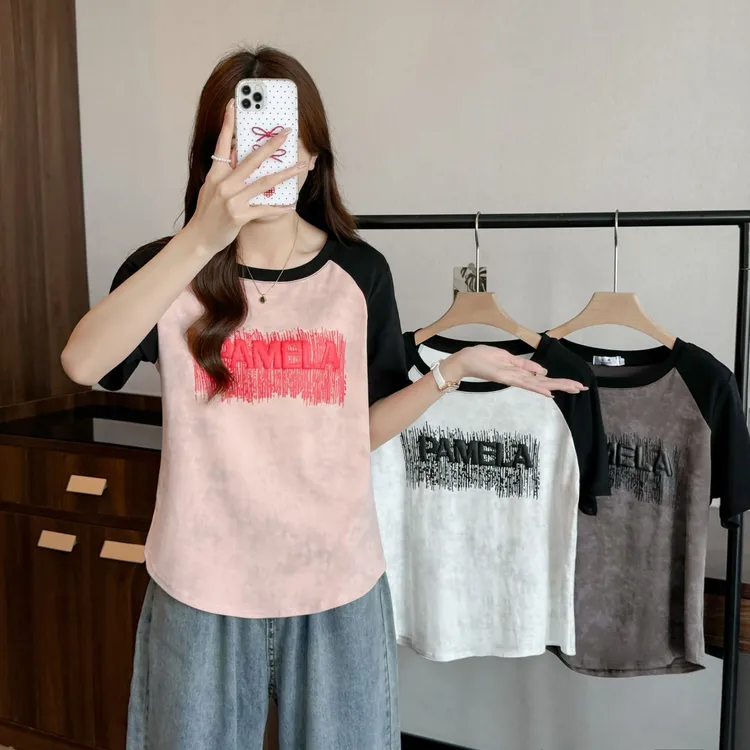 大码胖mm遮肉显瘦正肩短袖T恤女夏季新款百搭扎染印花字母上衣