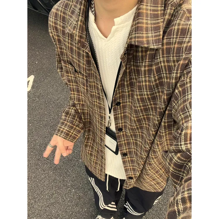 美式复古格子衬衫男女长袖春秋新款潮流日系宽松高级感潮衬衣外套