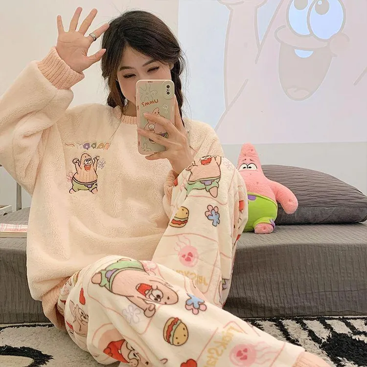 FAVMARTHA严选秋冬季珊瑚绒睡衣女长袖卡通加绒少女韩版可爱宿舍