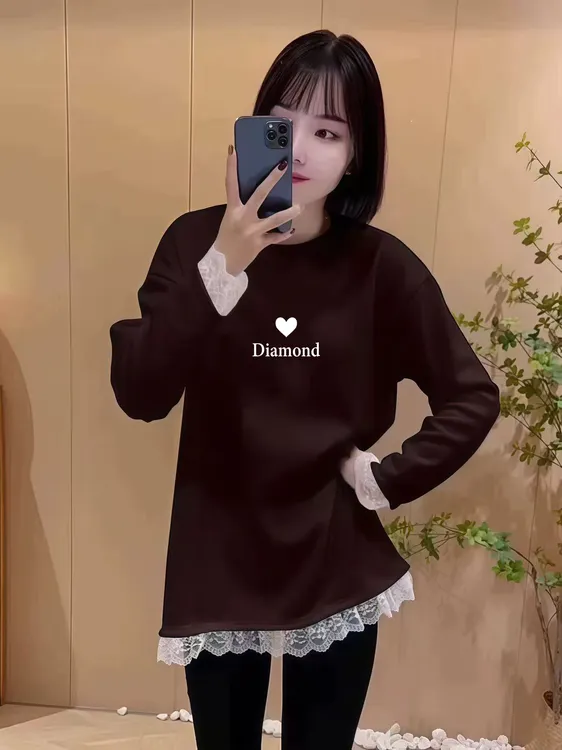 秋冬季新款德绒蕾丝花边拼接中长款打底衫胖MM宽松显瘦加绒卫衣女