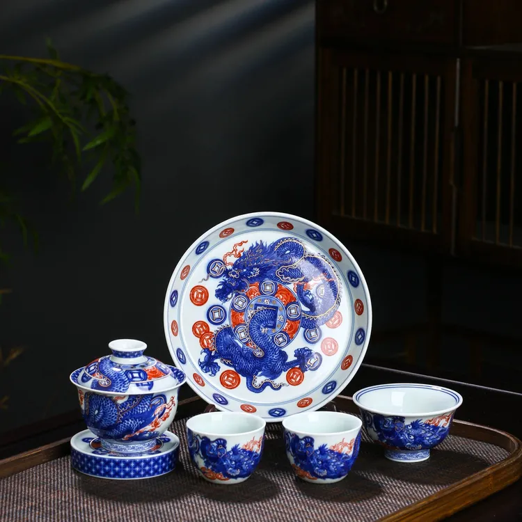 景德镇青花釉里红铜钱进宝龙龙转乾坤系列六件套礼盒装