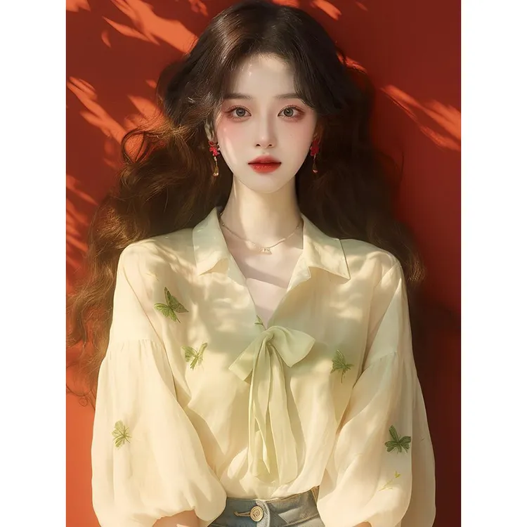 绿色印花衬衫2025夏季新款女装甜美公主风独特超好看上衣时尚