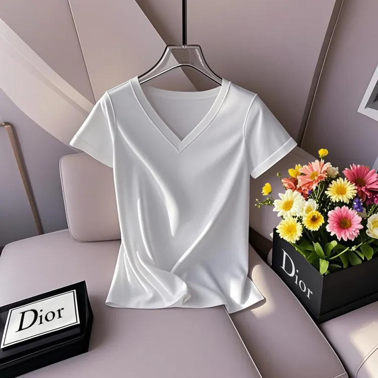 白色短袖t恤V领洋气多巴胺女装上衣显瘦气质休闲液氨丝光棉夏季