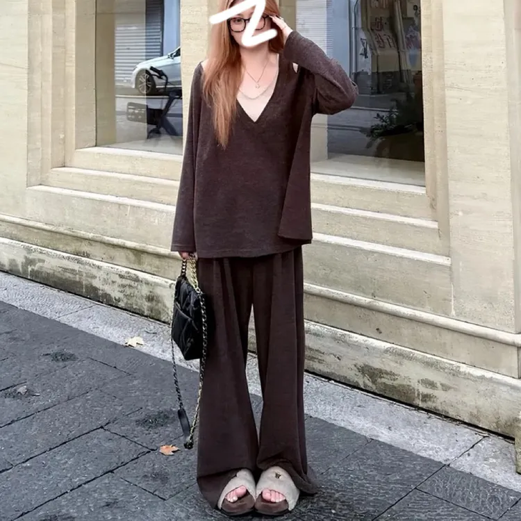 秋季大码女装V领拼接上衣搭配阔腿裤显瘦套装