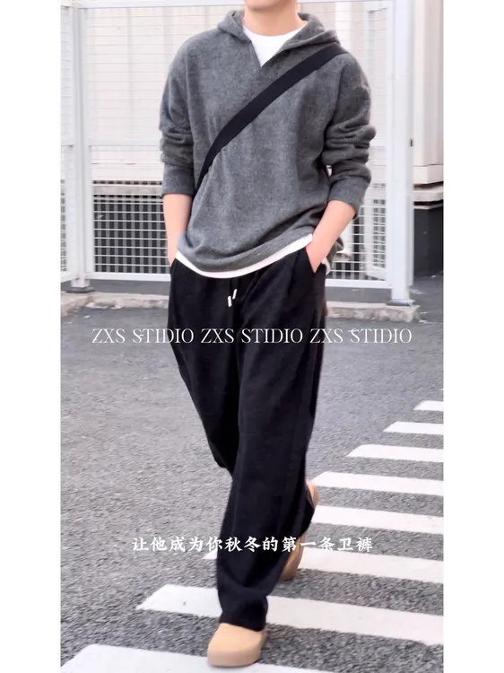 冬季男女同款情加绒加厚800克美式抽绳阔腿弯刀裤