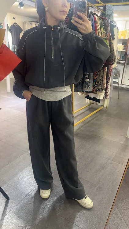 春季时尚毛呢假两件套宽松休闲套头卫衣套装