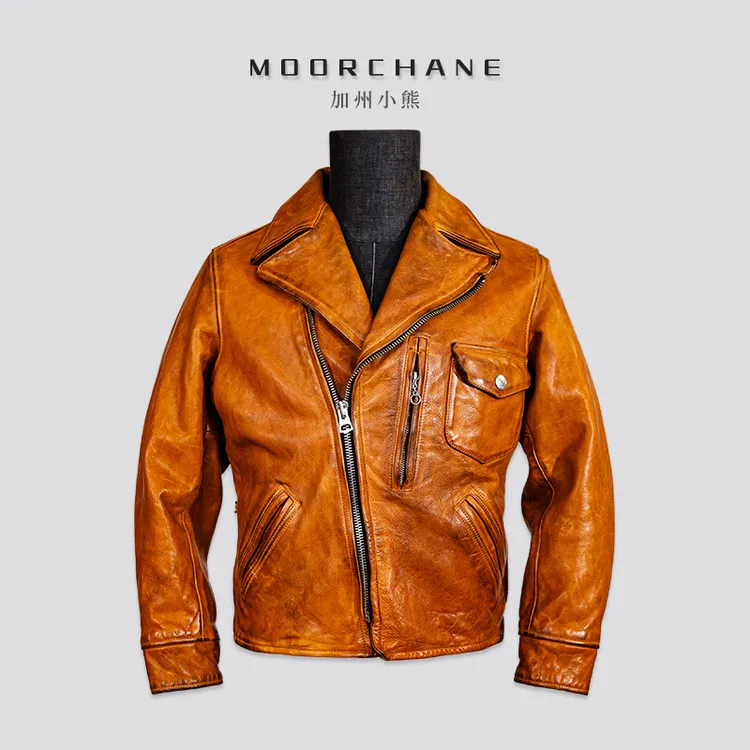 莫臣日落黄无涂牛皮西装领加州小熊斜拉链短款休闲皮衣男士JW-40